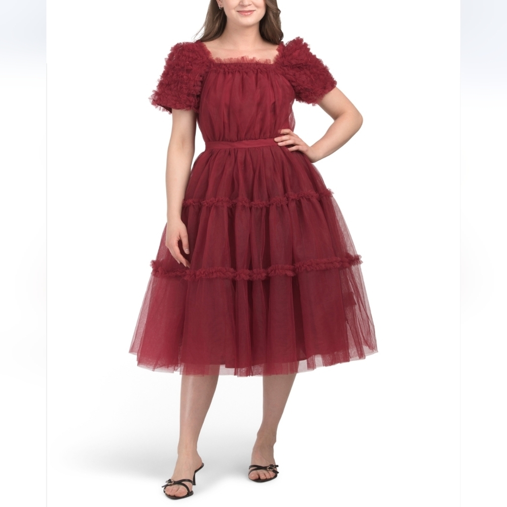 Ivy City Co Women's eclair Red Puff Sleeve Microruffle Midi Dress